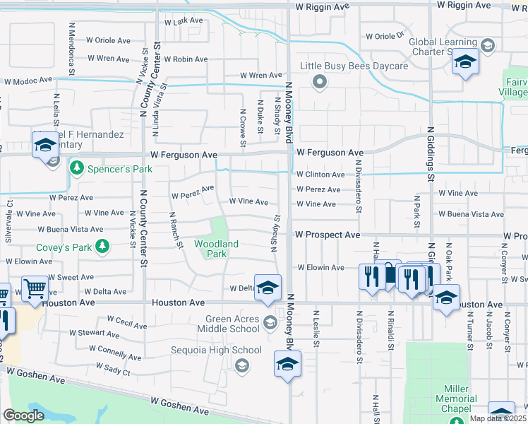 map of restaurants, bars, coffee shops, grocery stores, and more near 2200-2426 West Buena Vista Avenue in Visalia