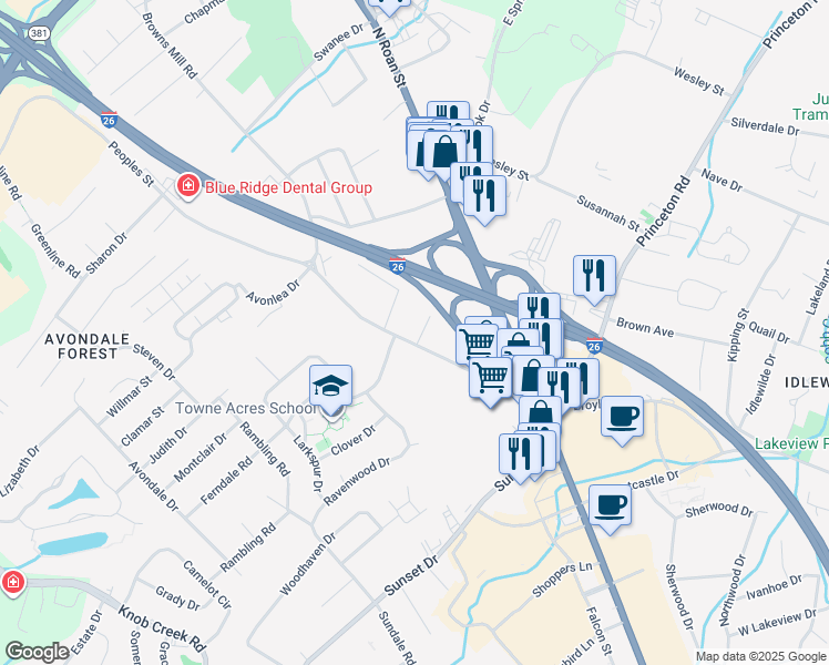 map of restaurants, bars, coffee shops, grocery stores, and more near 308 Village Drive in Johnson City