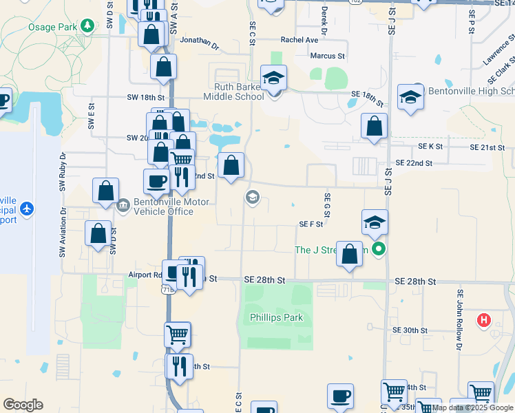 map of restaurants, bars, coffee shops, grocery stores, and more near 2401 Southeast C Street in Bentonville