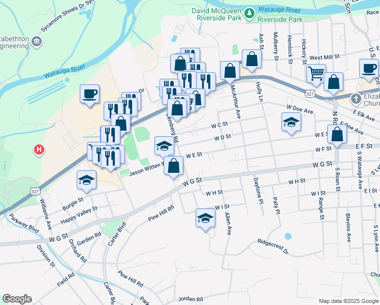map of restaurants, bars, coffee shops, grocery stores, and more near 716 W D St in Elizabethton