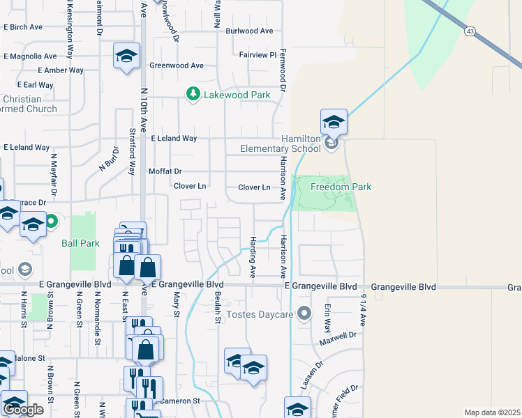 map of restaurants, bars, coffee shops, grocery stores, and more near 1029 East Terrace Drive in Hanford