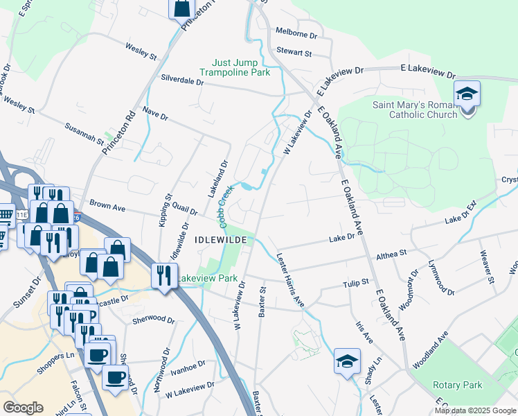 map of restaurants, bars, coffee shops, grocery stores, and more near 1801 West Lakeview Drive in Johnson City