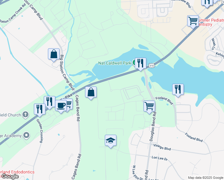 map of restaurants, bars, coffee shops, grocery stores, and more near 120 Vintage Foxland Drive in Gallatin