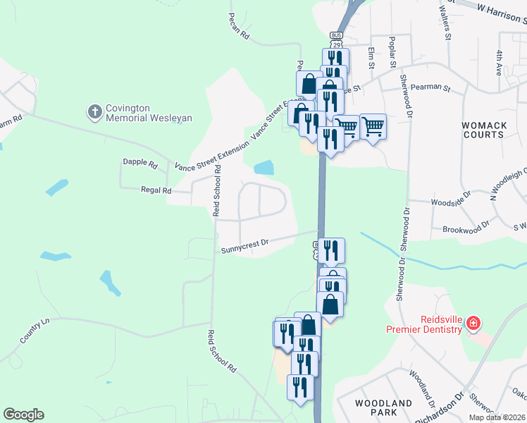 map of restaurants, bars, coffee shops, grocery stores, and more near 101 Savannah Drive in Reidsville