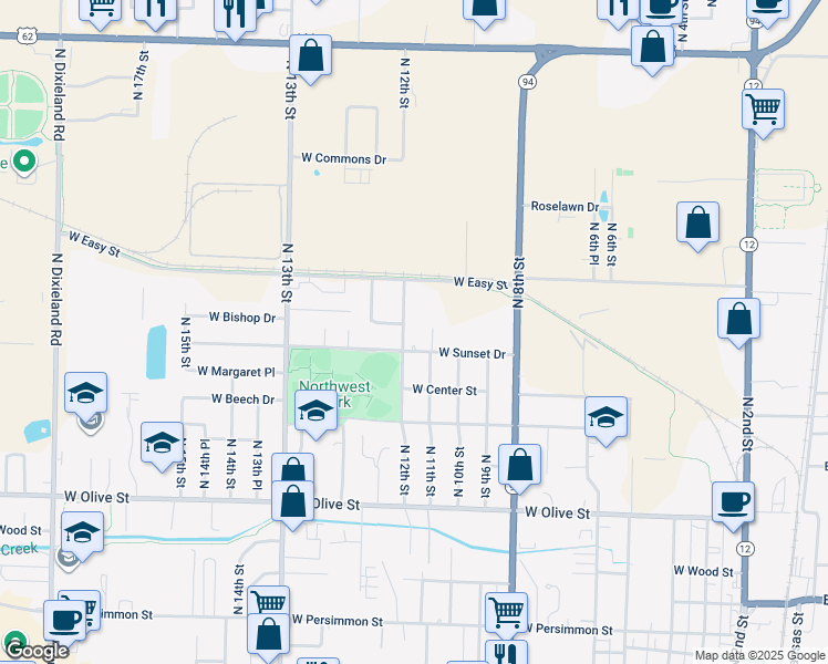 map of restaurants, bars, coffee shops, grocery stores, and more near 1205-1215 North 12th Place in Rogers