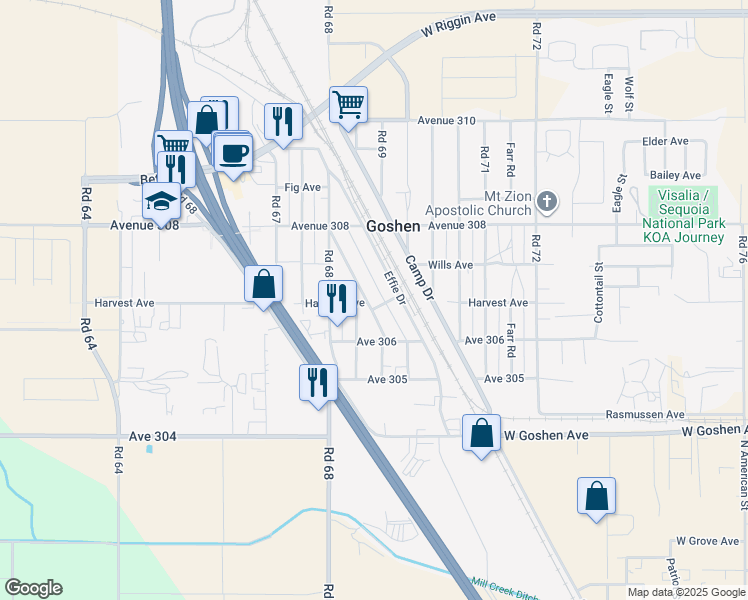 map of restaurants, bars, coffee shops, grocery stores, and more near 30678 Kame Drive in Goshen