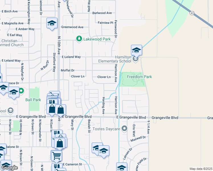 map of restaurants, bars, coffee shops, grocery stores, and more near 1029 East Terrace Drive in Hanford