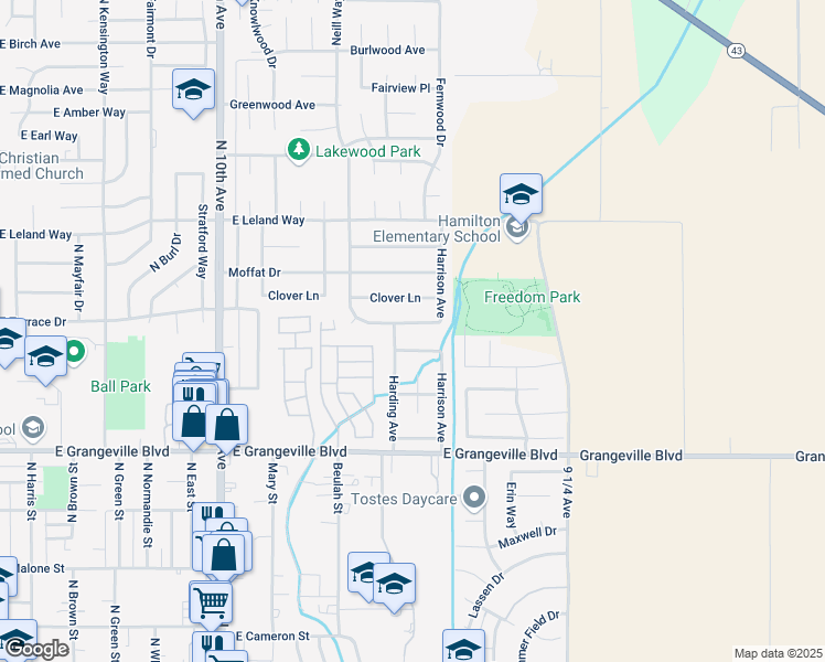 map of restaurants, bars, coffee shops, grocery stores, and more near 1029 East Terrace Drive in Hanford