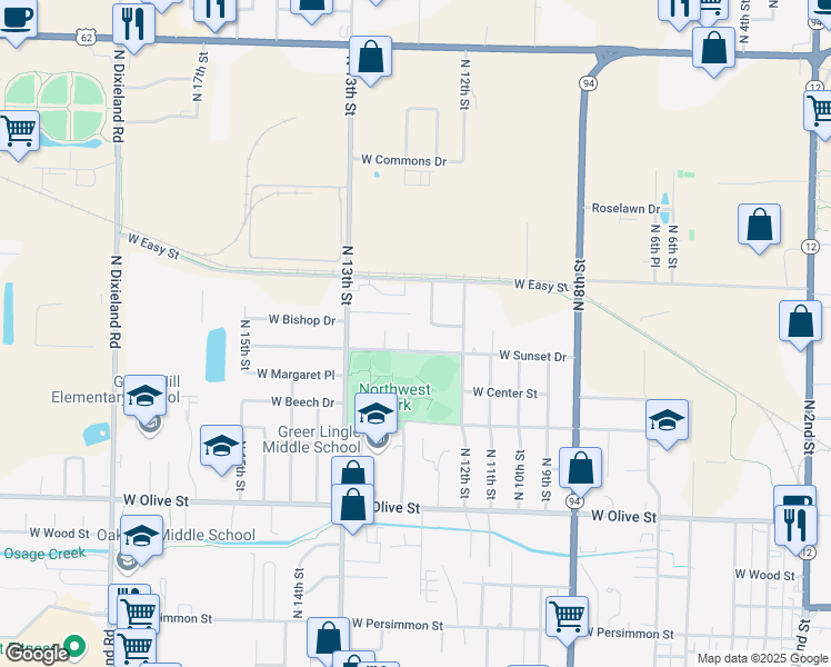 map of restaurants, bars, coffee shops, grocery stores, and more near 1222 West Bishop Drive in Rogers