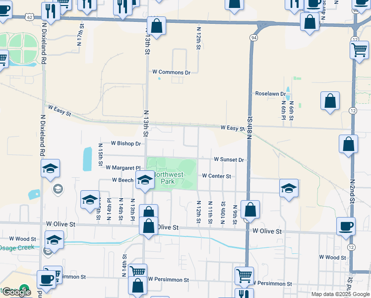 map of restaurants, bars, coffee shops, grocery stores, and more near 1222 West Bishop Drive in Rogers
