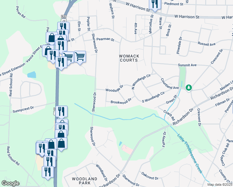 map of restaurants, bars, coffee shops, grocery stores, and more near 1501 Woodside Dr in Reidsville