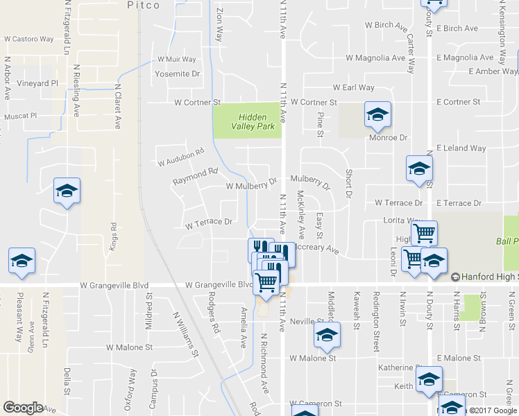 map of restaurants, bars, coffee shops, grocery stores, and more near 1911 Emma Lee Lane in Hanford