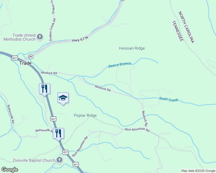map of restaurants, bars, coffee shops, grocery stores, and more near 711 Modock Road in Trade