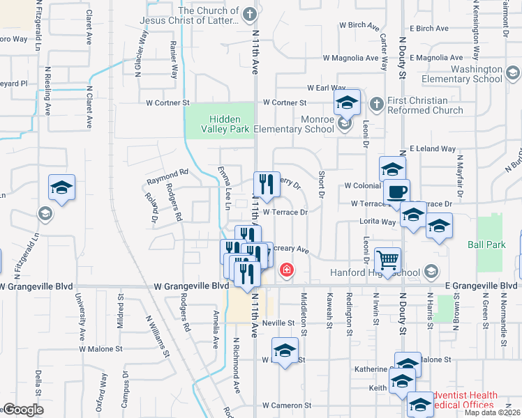 map of restaurants, bars, coffee shops, grocery stores, and more near 1901 North 11th Avenue in Hanford