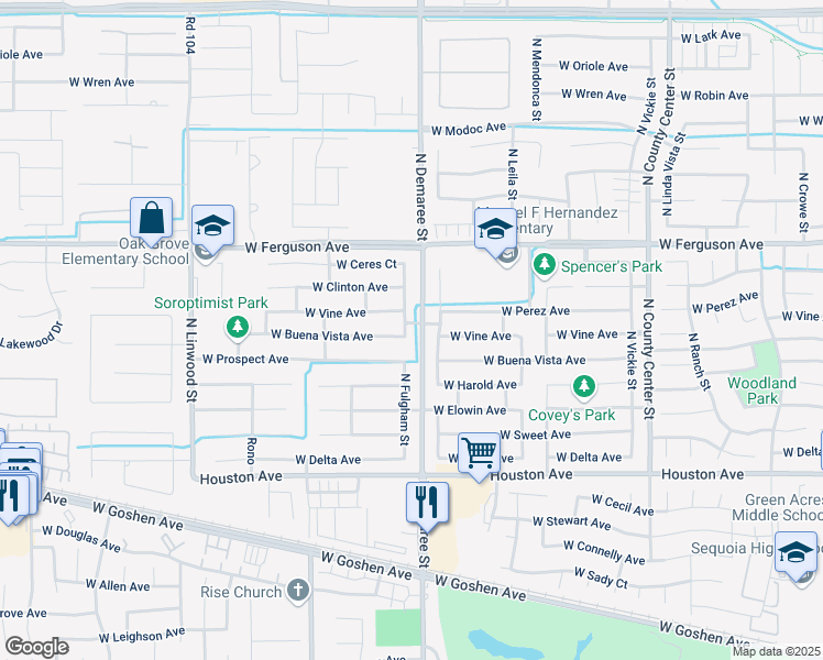 map of restaurants, bars, coffee shops, grocery stores, and more near 1920 North Fulgham Street in Visalia