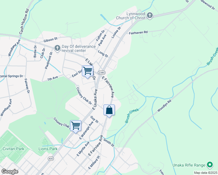 map of restaurants, bars, coffee shops, grocery stores, and more near 2241 E Fairview Ave in Johnson City