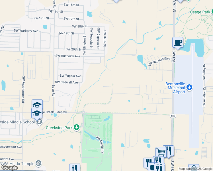 map of restaurants, bars, coffee shops, grocery stores, and more near 2303 Southwest Birch Street in Bentonville