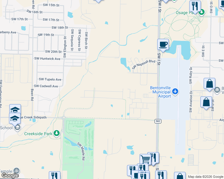 map of restaurants, bars, coffee shops, grocery stores, and more near 1307 SW Parnell Dr in Bentonville