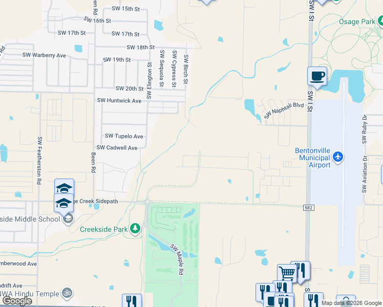 map of restaurants, bars, coffee shops, grocery stores, and more near 2303 Southwest Birch Street in Bentonville