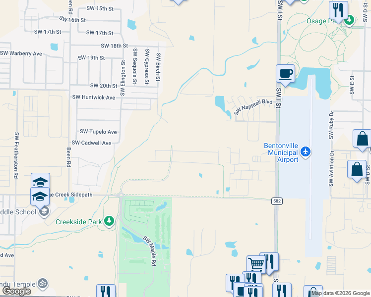 map of restaurants, bars, coffee shops, grocery stores, and more near 2303 Southwest Birch Street in Bentonville