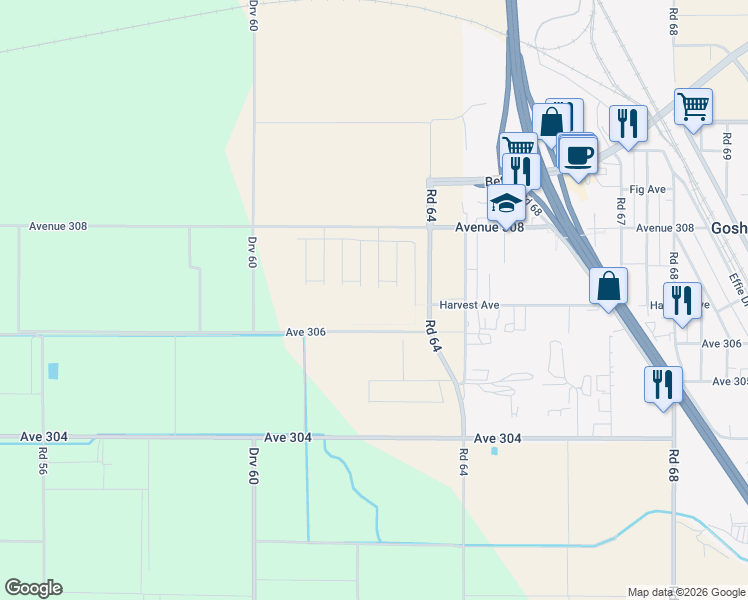 map of restaurants, bars, coffee shops, grocery stores, and more near 6257 Avenue 308 in Visalia