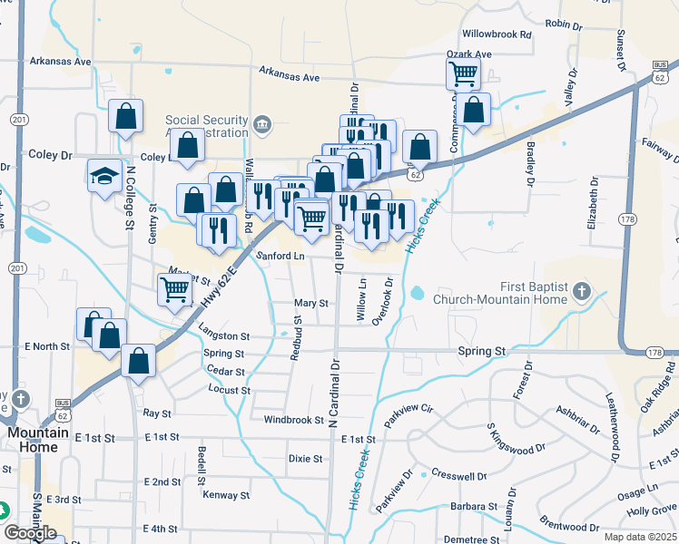 map of restaurants, bars, coffee shops, grocery stores, and more near 618 North Cardinal Drive in Mountain Home