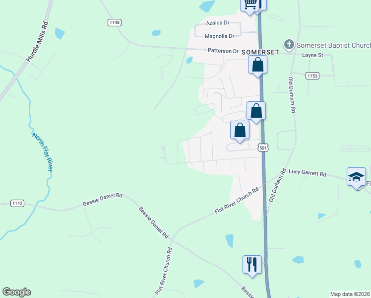 map of restaurants, bars, coffee shops, grocery stores, and more near 58 Judith Lee Lane in Roxboro