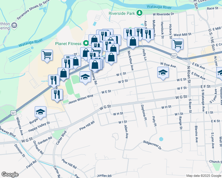 map of restaurants, bars, coffee shops, grocery stores, and more near 623 West E Street in Elizabethton