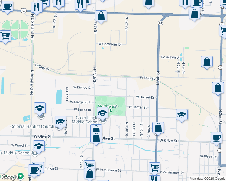 map of restaurants, bars, coffee shops, grocery stores, and more near 1222 West Bishop Drive in Rogers