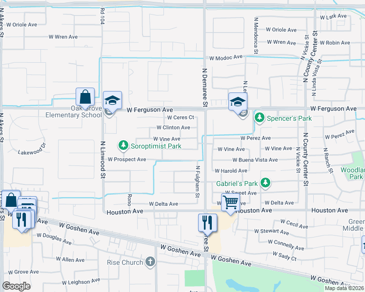 map of restaurants, bars, coffee shops, grocery stores, and more near 3830 West Buena Vista Avenue in Visalia