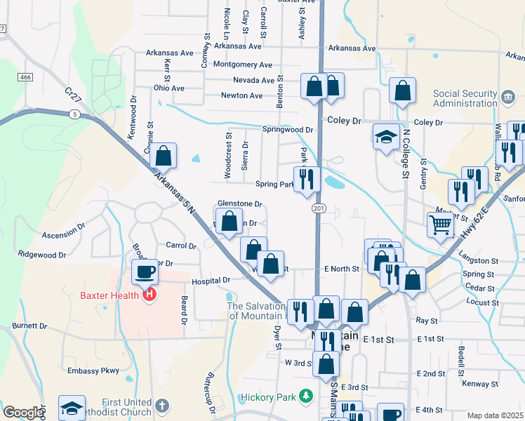 map of restaurants, bars, coffee shops, grocery stores, and more near 412 Glenstone Drive in Mountain Home