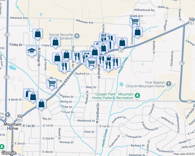map of restaurants, bars, coffee shops, grocery stores, and more near 618 North Cardinal Drive in Mountain Home