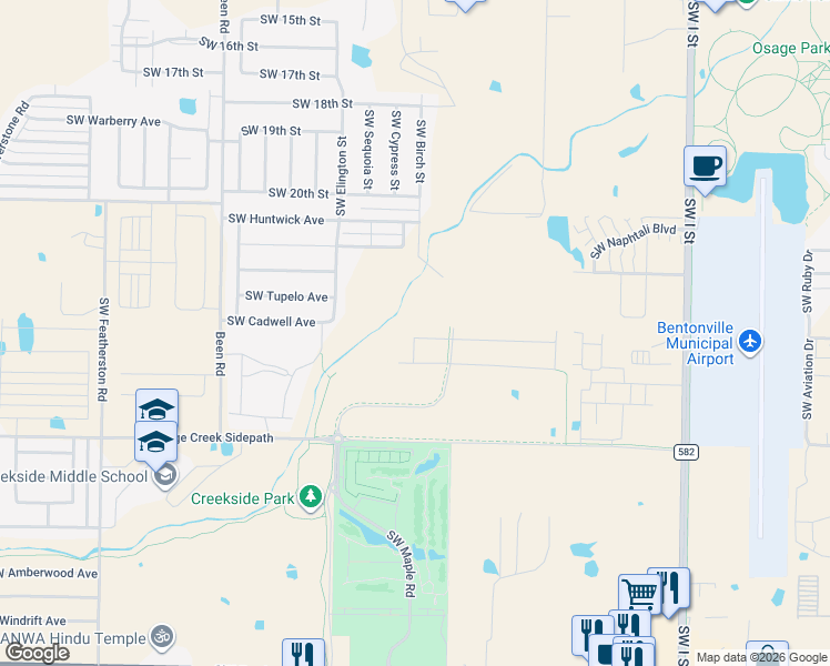 map of restaurants, bars, coffee shops, grocery stores, and more near 2303 Southwest Birch Street in Bentonville