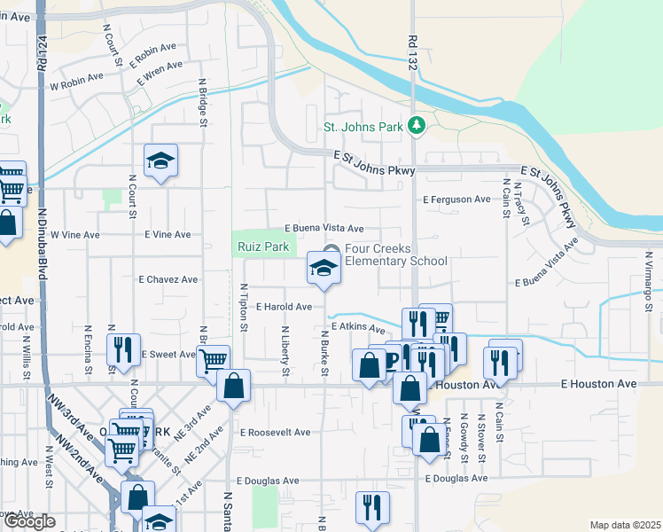 map of restaurants, bars, coffee shops, grocery stores, and more near 1844 North Burke Street in Visalia