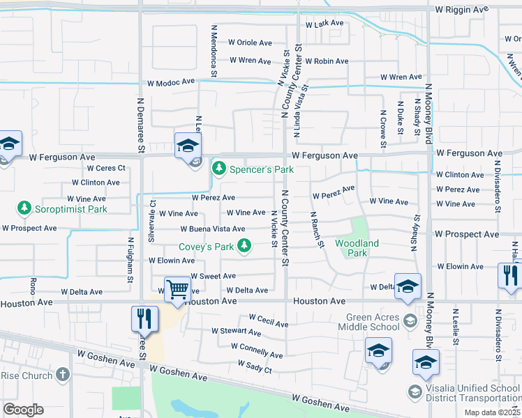 map of restaurants, bars, coffee shops, grocery stores, and more near 3002 West Vine Avenue in Visalia