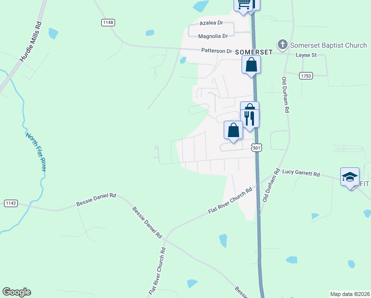 map of restaurants, bars, coffee shops, grocery stores, and more near 58 Judith Lee Lane in Roxboro