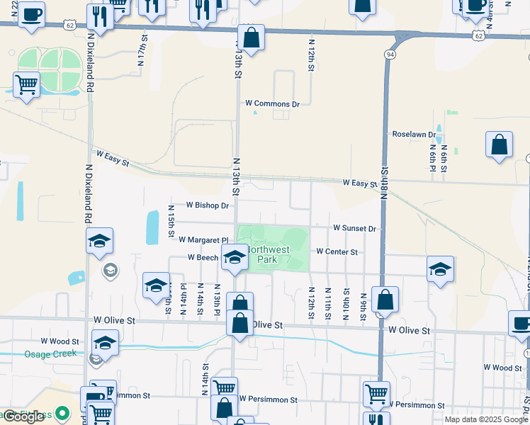 map of restaurants, bars, coffee shops, grocery stores, and more near 1261 West Sunset Drive in Rogers