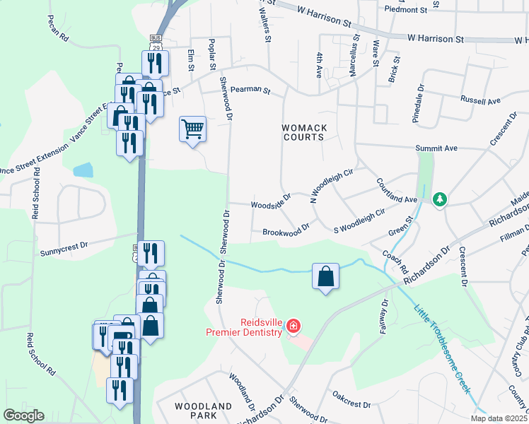 map of restaurants, bars, coffee shops, grocery stores, and more near 1507 Woodside Drive in Reidsville