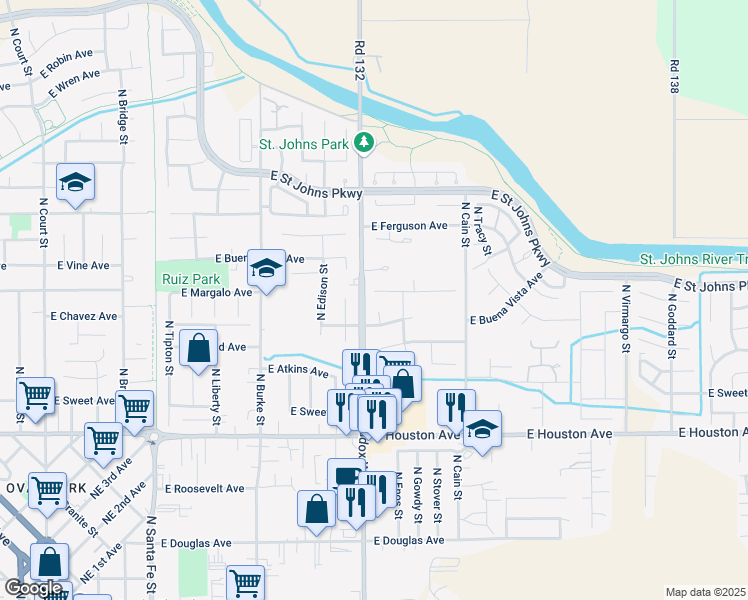 map of restaurants, bars, coffee shops, grocery stores, and more near 1325 East Vine Court in Visalia