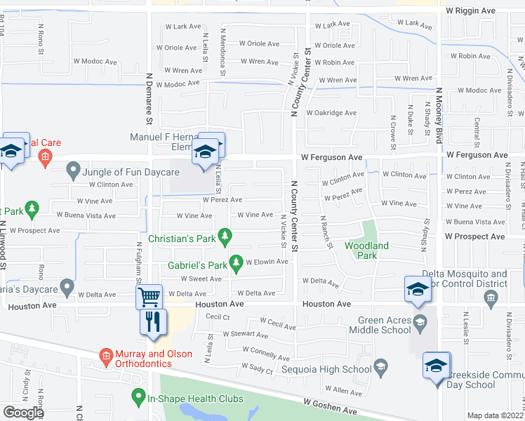 map of restaurants, bars, coffee shops, grocery stores, and more near 3028 West Vine Avenue in Visalia