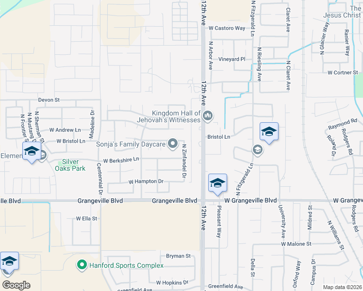 map of restaurants, bars, coffee shops, grocery stores, and more near 1936 North Zinfandel Drive in Hanford
