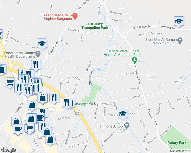 map of restaurants, bars, coffee shops, grocery stores, and more near 2204 Lakeland Drive in Johnson City