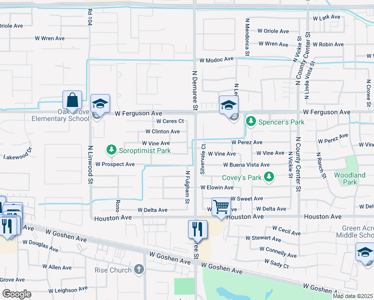 map of restaurants, bars, coffee shops, grocery stores, and more near 1920 North Fulgham Street in Visalia