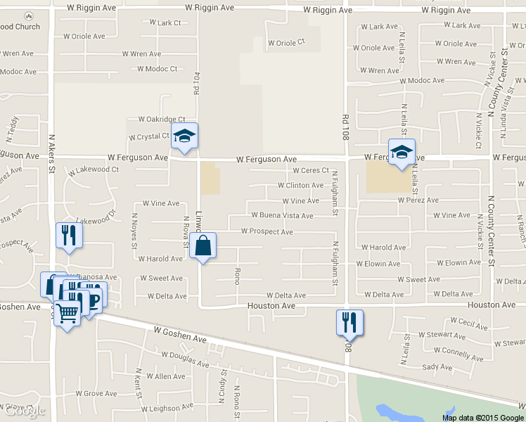 map of restaurants, bars, coffee shops, grocery stores, and more near 4122 West Buena Vista Avenue in Visalia