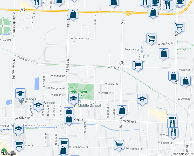 map of restaurants, bars, coffee shops, grocery stores, and more near 1211 North 12th Street in Rogers