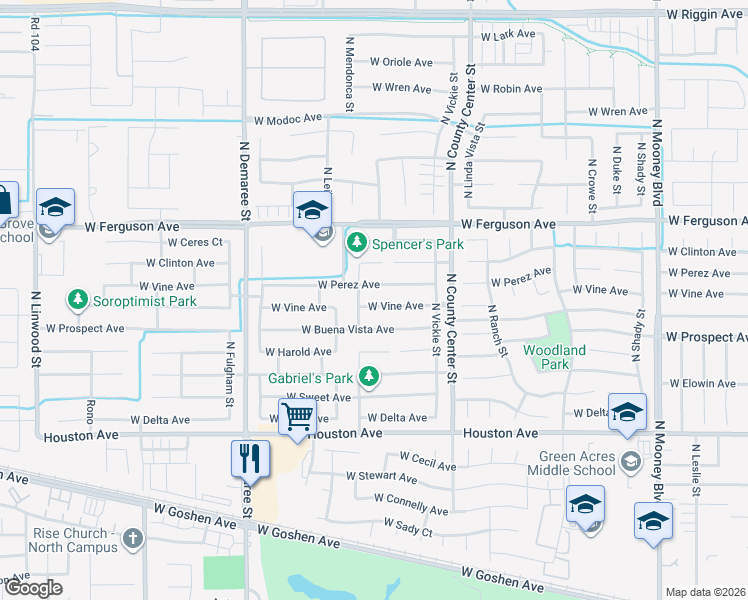 map of restaurants, bars, coffee shops, grocery stores, and more near 3206 West Vine Avenue in Visalia