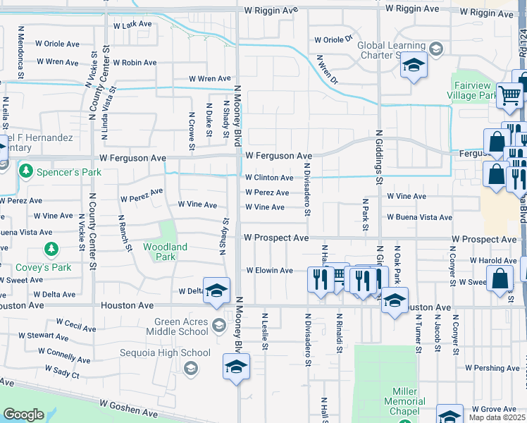 map of restaurants, bars, coffee shops, grocery stores, and more near 1931 West Vine Avenue in Visalia