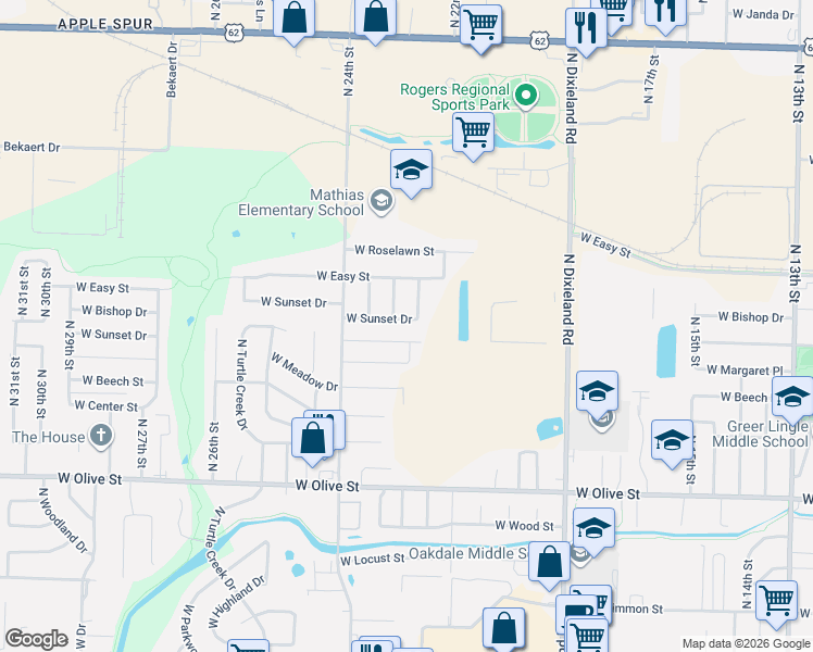 map of restaurants, bars, coffee shops, grocery stores, and more near 2202 West Sunset Drive in Rogers