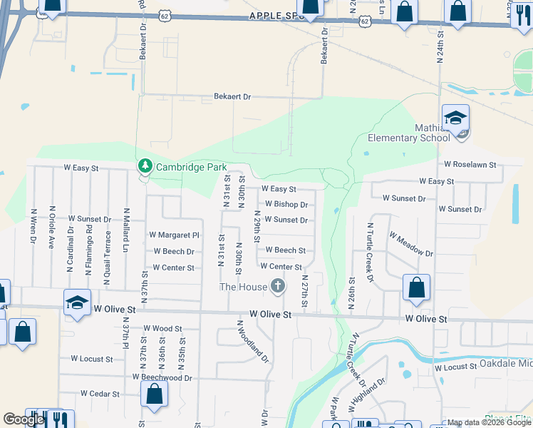 map of restaurants, bars, coffee shops, grocery stores, and more near 2809 West Sunset Drive in Rogers