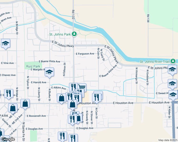 map of restaurants, bars, coffee shops, grocery stores, and more near 1527 East Vine Court in Visalia